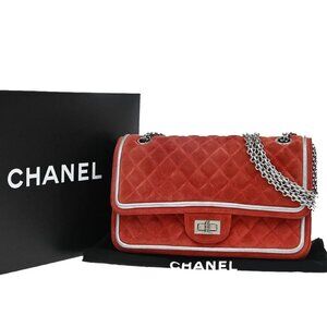 CHANEL Logo 2.55 Double Flap Chain Shoulder Bag Suede Leather Red SHW 653RF705